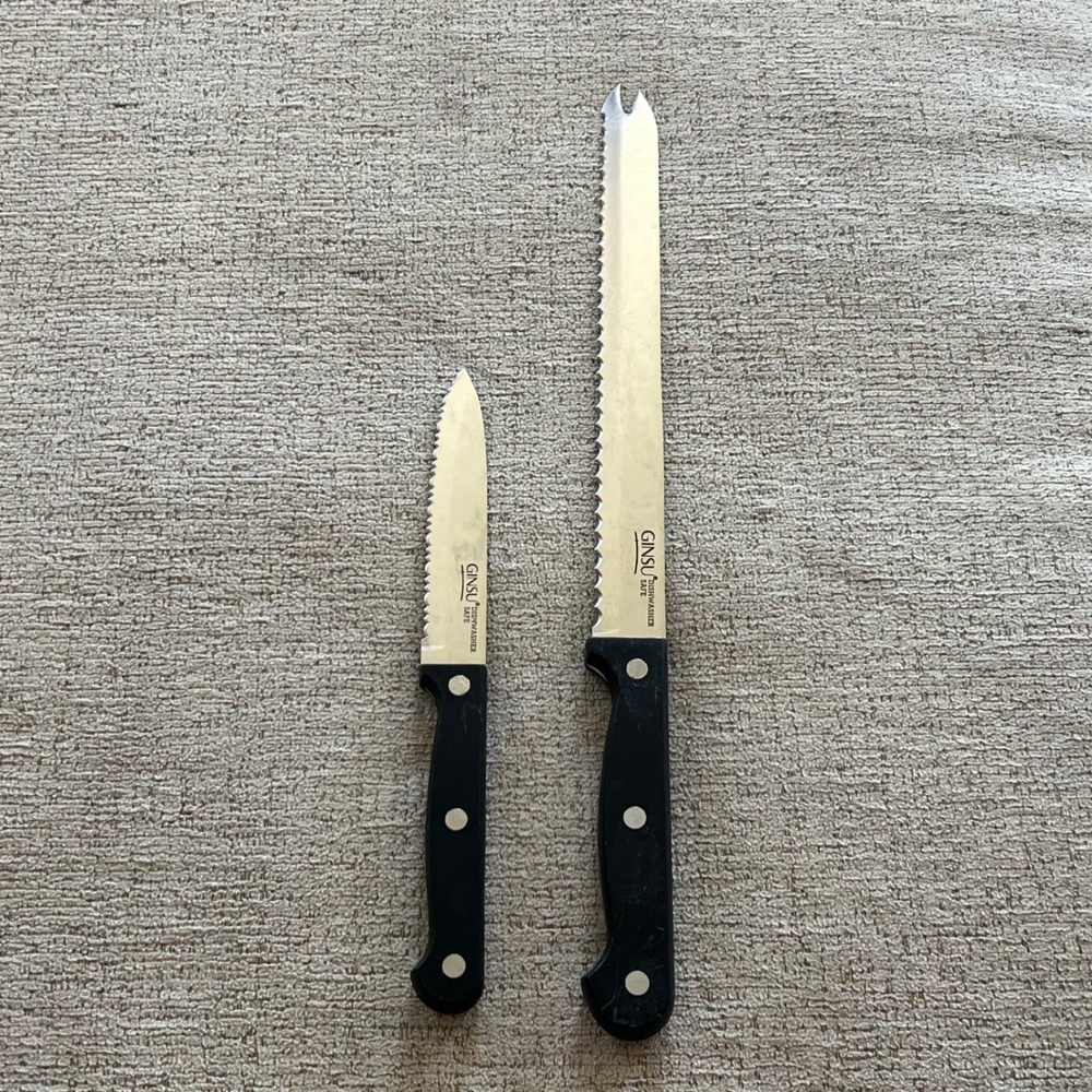 Ginsu Serrated Knife Set 2 Pc Stainless Steel Black Triple Rivet Dishwasher Safe